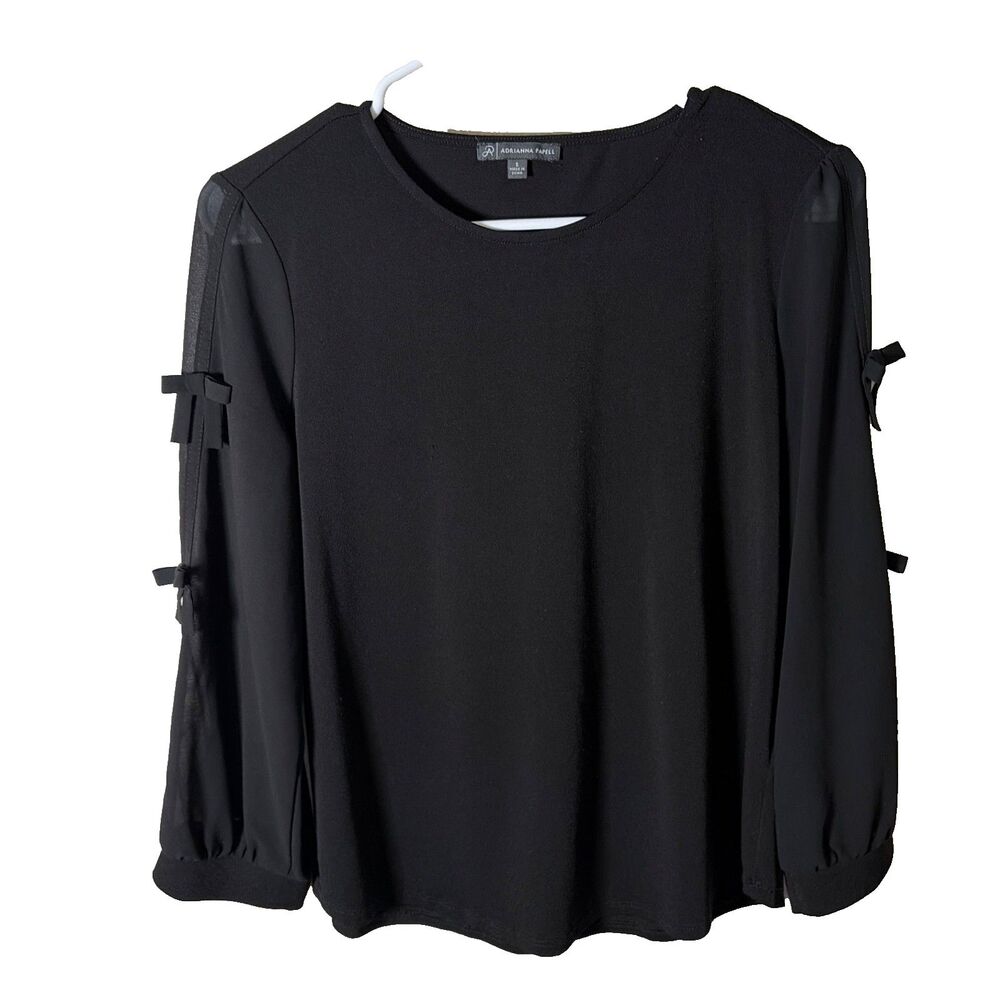 Adrianna Papell Blouse Women's Small Black Bow Sheer Long Sleeve Shirt Top